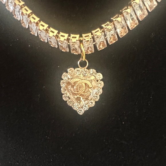 Upcycled Chanel charm on Gold Rhinestone Tennis Necklace - Picture 7 of 8